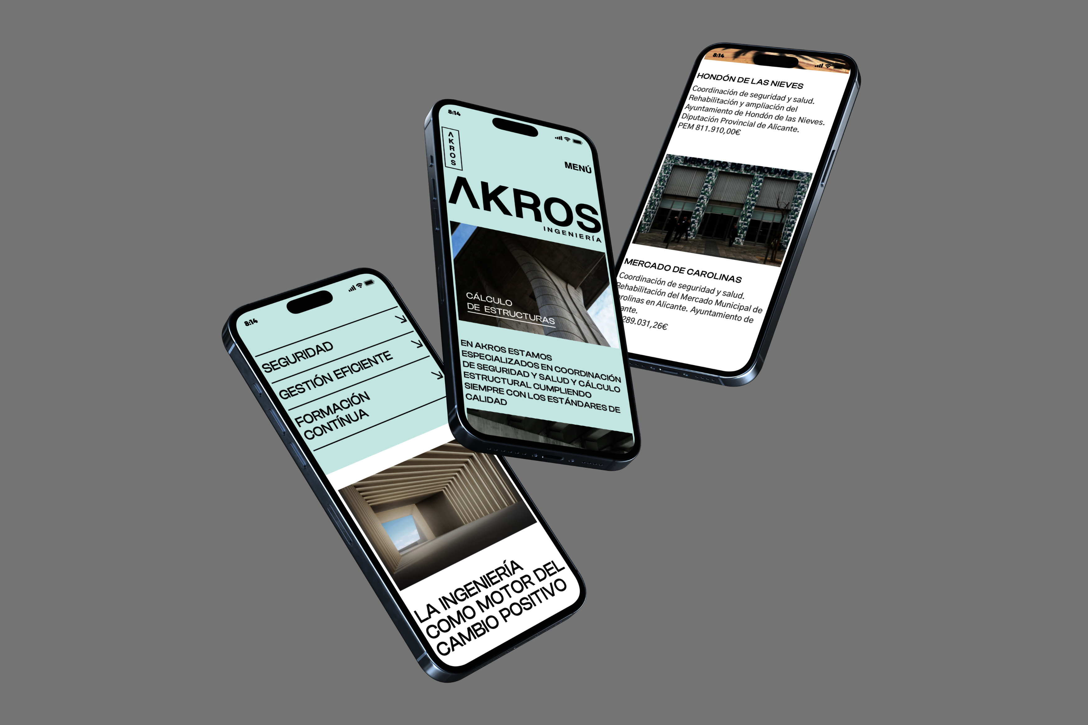 Diseño y desarrollo de identidad visual corporativa para Akros Ingeniería. Vista iphones flotando.