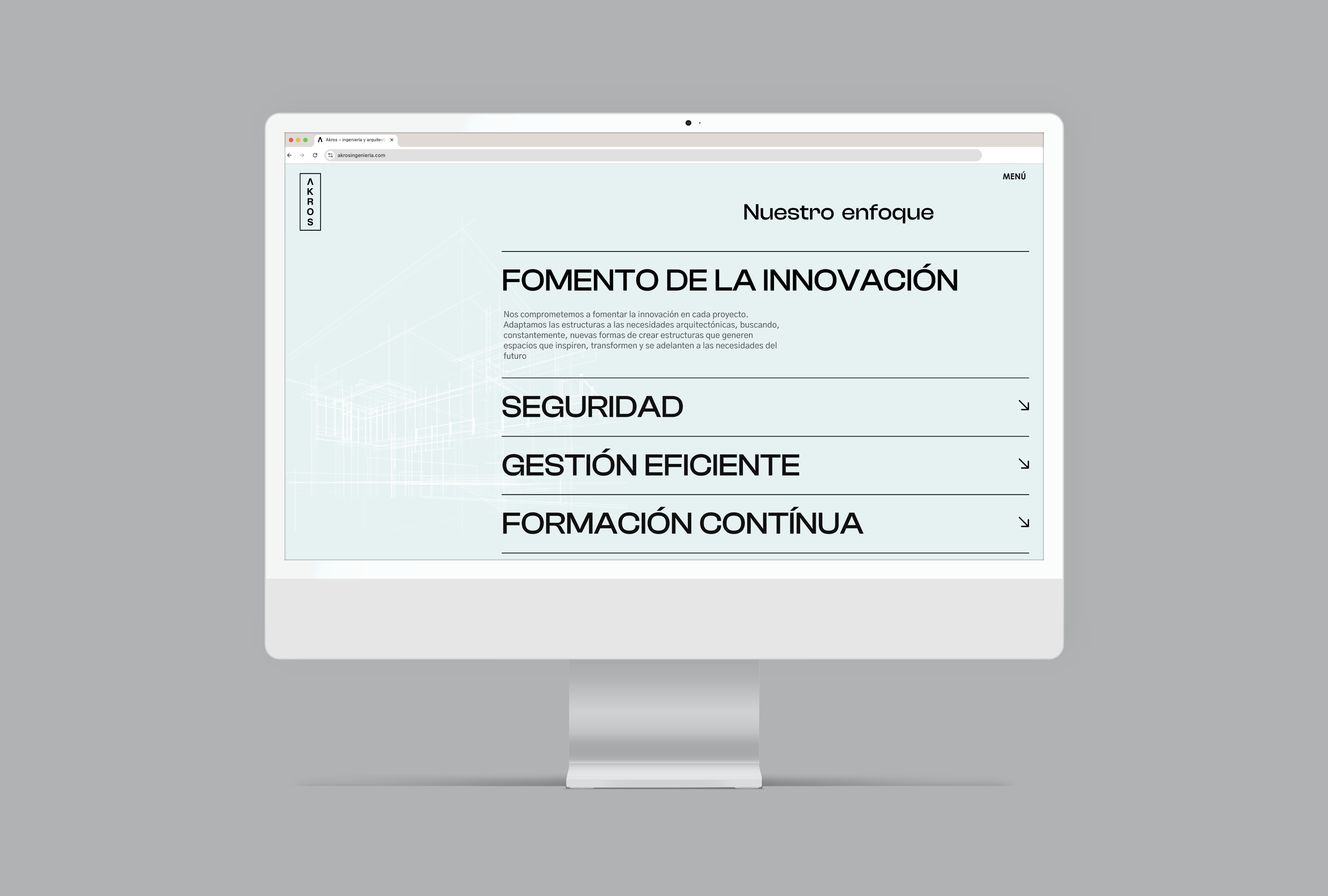 Diseño y desarrollo de identidad visual corporativa para Akros Ingeniería. Vista layout sobremesa.