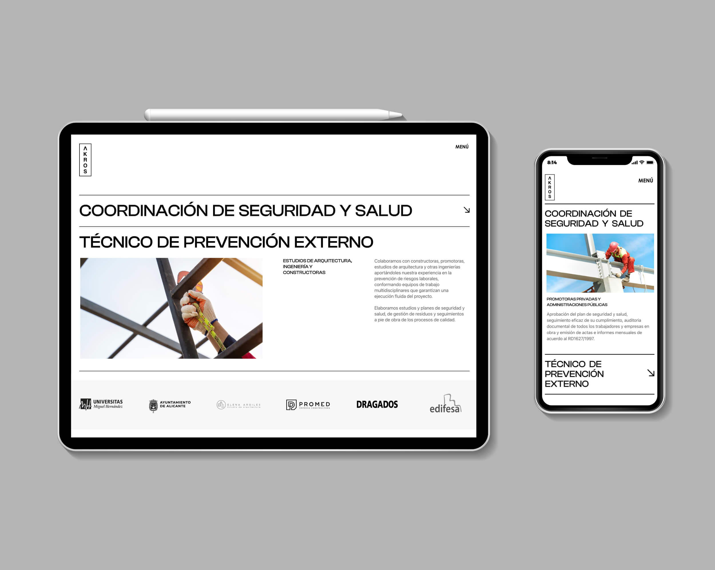 Diseño y desarrollo de identidad visual corporativa para Akros Ingeniería. PVista detalle web en iPad y en iPhone.