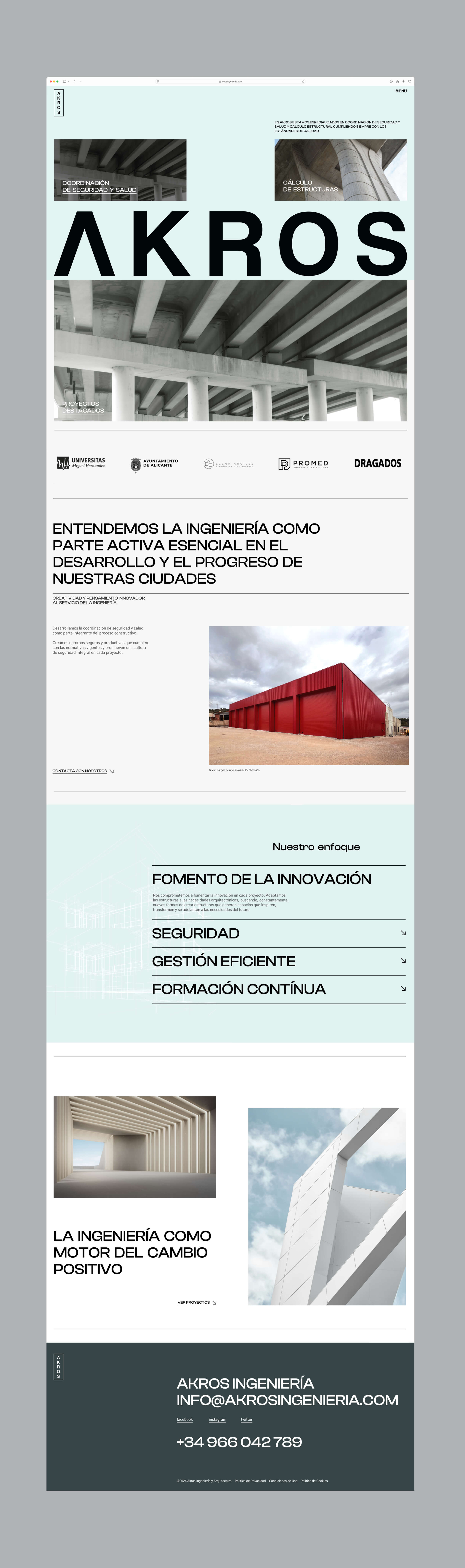 Diseño y desarrollo de identidad visual corporativa para Akros Ingeniería. Vista layout completo home.