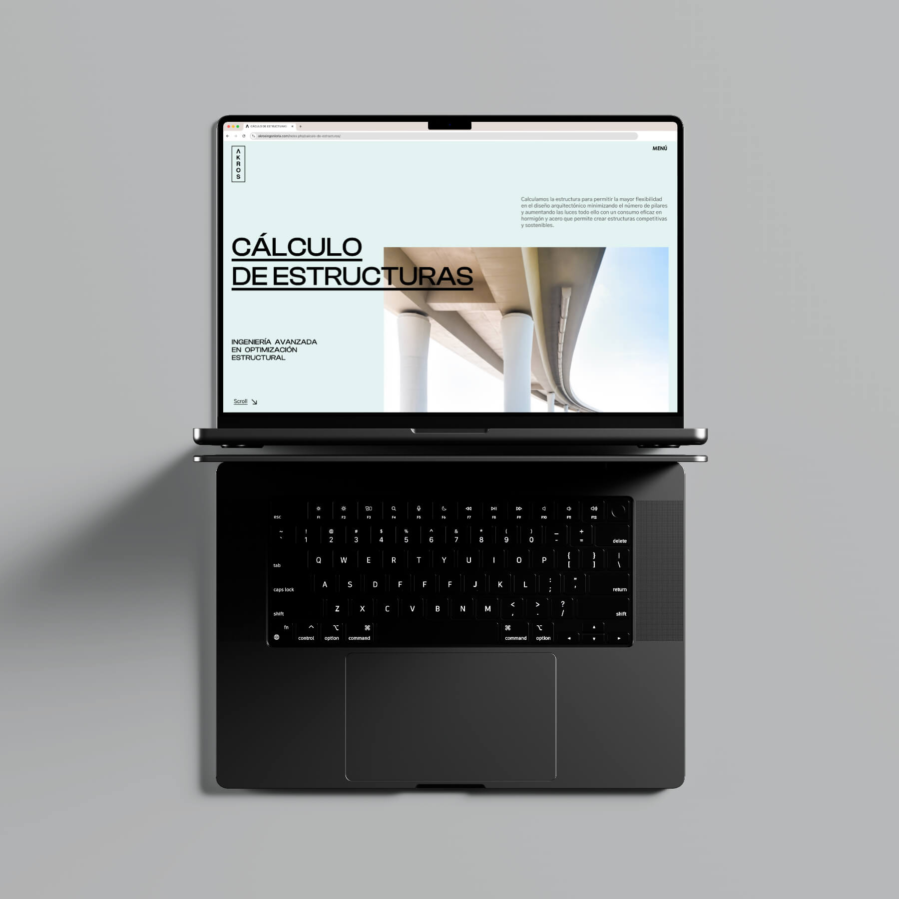 Diseño y desarrollo de identidad visual corporativa para Akros Ingeniería. Vista laptop.