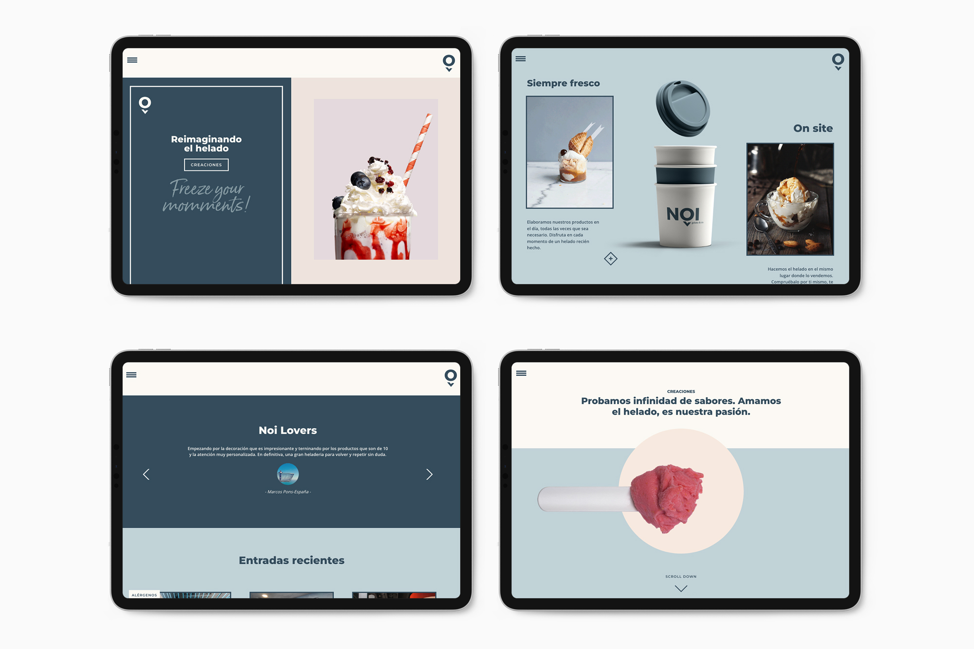 Diseño y desarrollo de website corporativo para NOI Gelato&Co. Vista detalle iPad.
